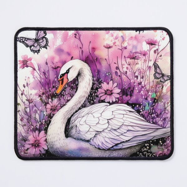 Item preview, White swan in pond, swan in lake,pink and purple, watercolor swan with florals, flowers and watercolour butterflies, designed and sold by navitalidesign.