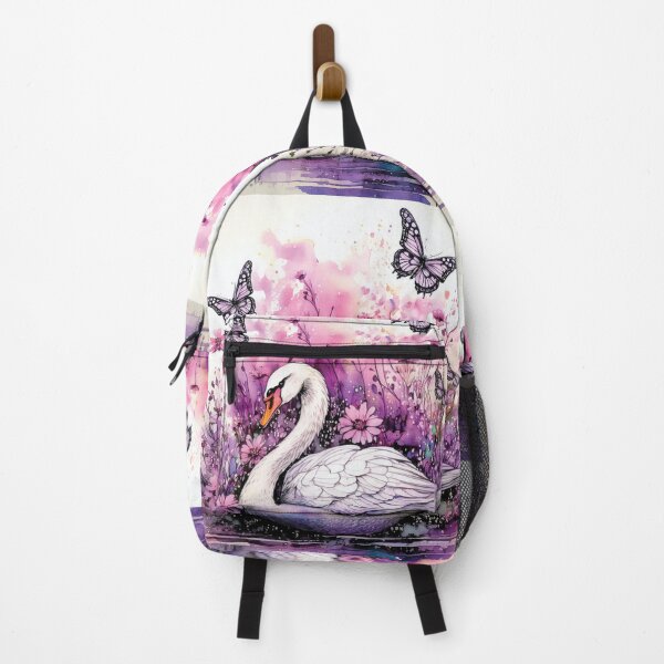 Item preview, White swan in pond, swan in lake,pink and purple, watercolor swan with florals, flowers and watercolour butterflies,  designed and sold by navitalidesign.