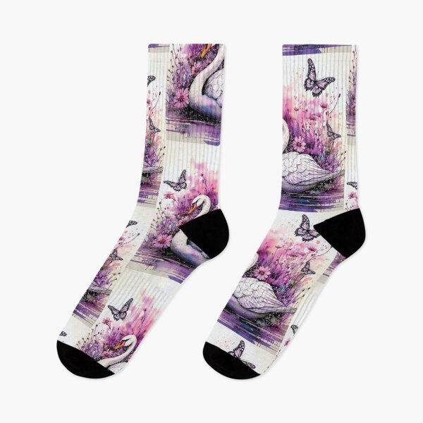 Item preview, White swan in pond, swan in lake,pink and purple, watercolor swan with florals, flowers and watercolour butterflies,  designed and sold by navitalidesign.