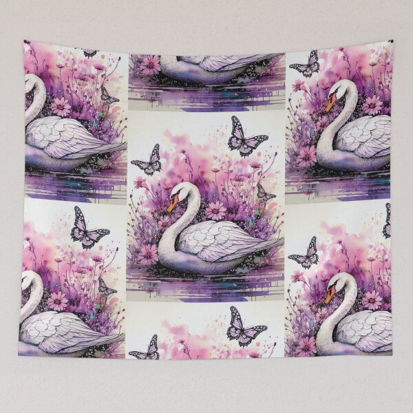 Item preview, White swan in pond, swan in lake,pink and purple, watercolor swan with florals, flowers and watercolour butterflies,  designed and sold by navitalidesign.