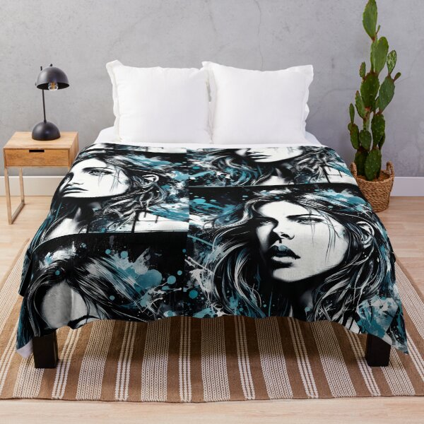 Item preview, Inked Portrait of Young Girl in Blue and Turquoise designed and sold by ByteyCreatives.