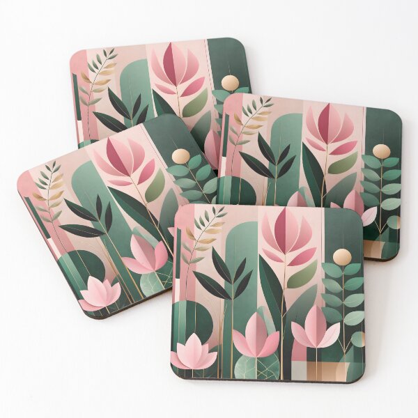 Item preview, Mid Century Botanical Retro Geometric Leaves  Florals Pink Dark Green designed and sold by Prints and Lifestyle.