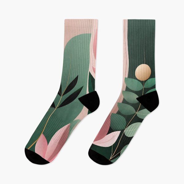 Item preview, Mid Century Botanical Retro Geometric Leaves  Florals Pink Dark Green designed and sold by Prints and Lifestyle.