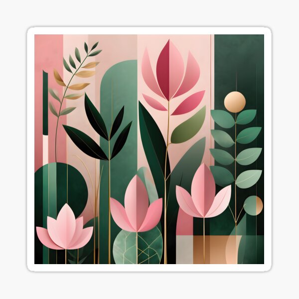Mid Century Botanical Retro Geometric Leaves Florals Pink Dark Green Sticker