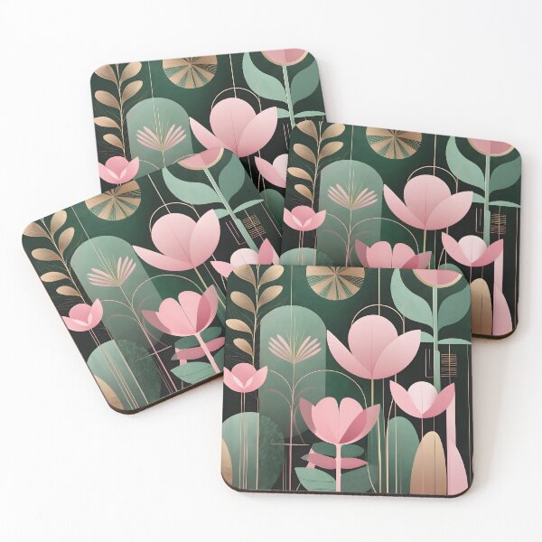 Item preview, Mid Century Botanical Retro Geometric Leaves  Florals Pink Dark Green designed and sold by Prints and Lifestyle.