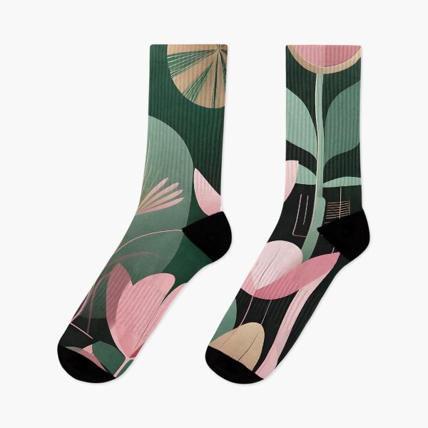 Item preview, Mid Century Botanical Retro Geometric Leaves  Florals Pink Dark Green designed and sold by Prints and Lifestyle.