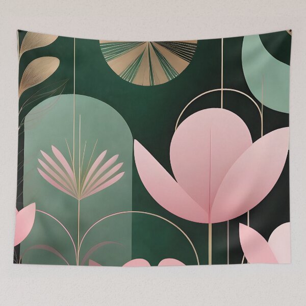 Item preview, Mid Century Botanical Retro Geometric Leaves  Florals Pink Dark Green designed and sold by Prints and Lifestyle.
