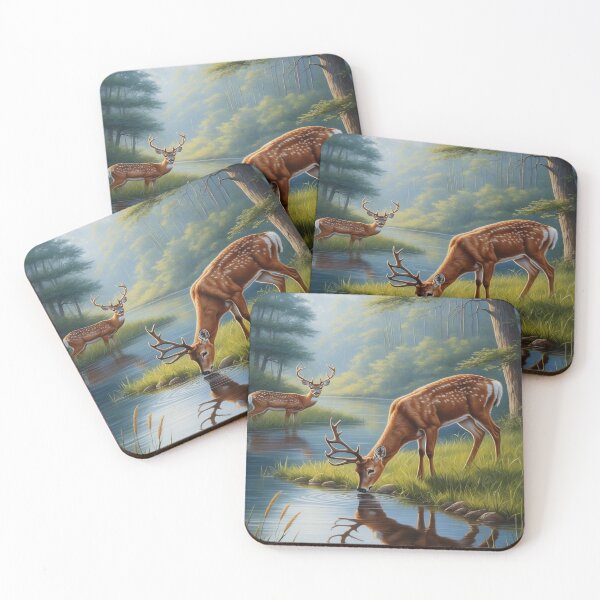 Item preview, Majestic Reindeer Drinking Water in Forest designed and sold by Enchanting Art Vista.