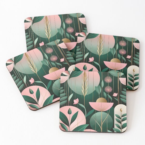 Item preview, Mid Century Botanical Retro Geometric Leaves  Florals  Pink Dark Green designed and sold by Prints and Lifestyle.