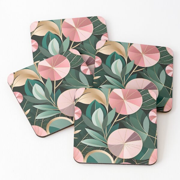 Item preview, Mid Century Botanical Retro Geometric Leaves  Florals Pink Dark Green designed and sold by Prints and Lifestyle.