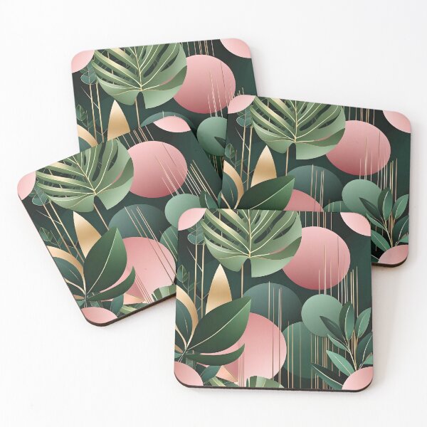 Item preview, Mid Century Botanical Retro Geometric Leaves  Florals  Pink Dark Green designed and sold by Prints and Lifestyle.