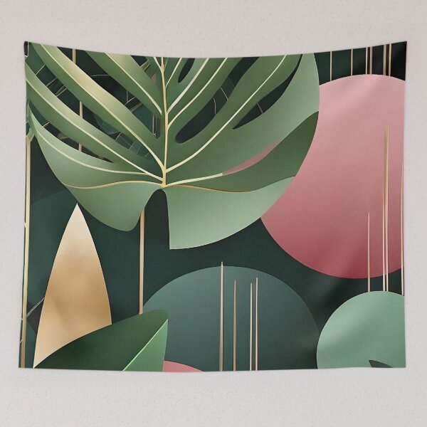 Item preview, Mid Century Botanical Retro Geometric Leaves  Florals  Pink Dark Green designed and sold by Prints and Lifestyle.