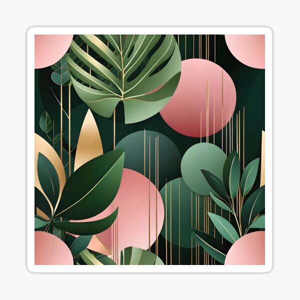 Mid Century Botanical Retro Geometric Leaves Florals Pink Dark Green Sticker