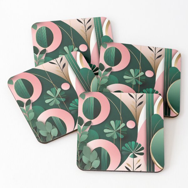 Item preview, Mid Century Botanical Retro Geometric Leaves  Florals Pink, Dark Green designed and sold by Prints and Lifestyle.