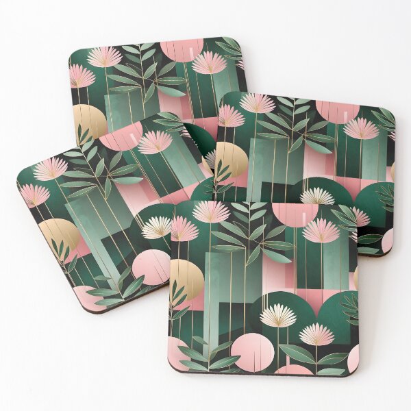 Item preview, Mid Century Botanical Retro Geometric Leaves  Florals Pink Dark Green designed and sold by Prints and Lifestyle.
