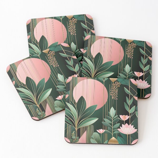 Item preview, Mid Century Botanical Retro Geometric Leaves  Florals Pink Dark Green designed and sold by Prints and Lifestyle.