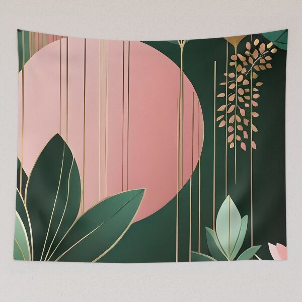 Item preview, Mid Century Botanical Retro Geometric Leaves  Florals Pink Dark Green designed and sold by Prints and Lifestyle.