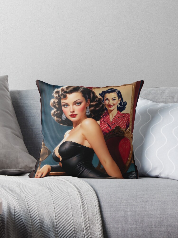 Classic Hollywood Pulp Fiction Pin-Up Girl Portrait AI Concept Art by Xzendor7 - A Vintage Beauty 3 Classic Hollywood Pulp Fiction Pin-Up Girl Portrait Mesmerizing AI Concept Art by Xzendor7 Decorative Art Print Throw Pillow