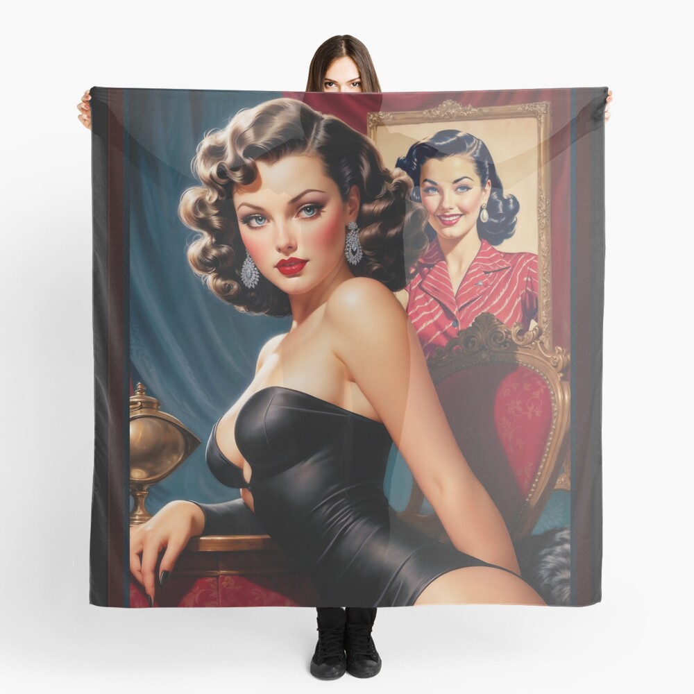 Classic Hollywood Pulp Fiction Pin-Up Girl Portrait AI Concept Art by Xzendor7 - A Vintage Beauty 4 Classic Hollywood Pulp Fiction Pin-Up Girl Portrait Mesmerizing AI Concept Art by Xzendor7 Decorative Art Print Ladies Scarf