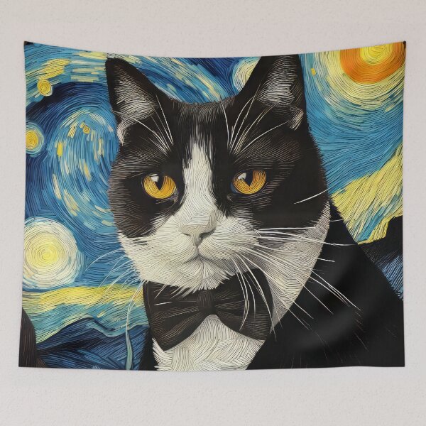 Item preview, Cat in Tuxedo Artistic Drawing with Van Gogh background designed and sold by CattyCornerPOD.