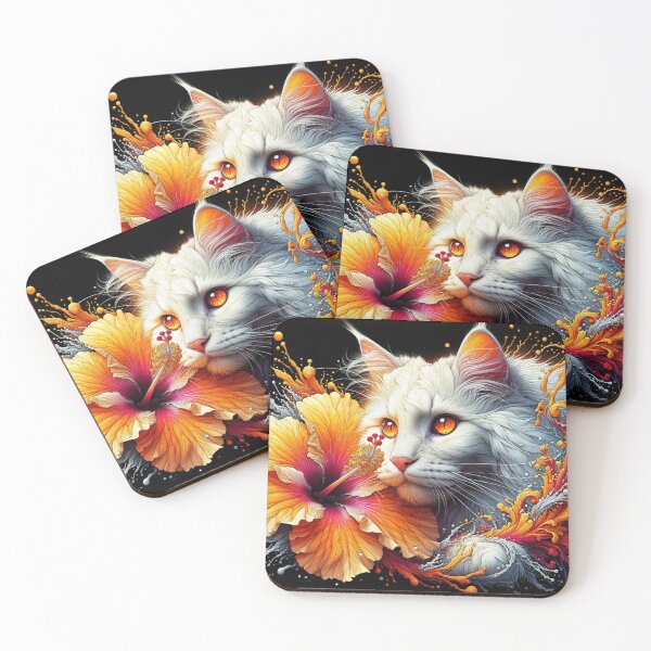 Item preview, Angelic Maine Coon Cat with Fantastic Hibiscus Flowers, 4k Wallpaper designed and sold by Keirnyx.