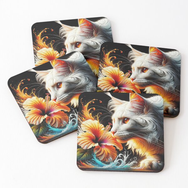 Item preview, Angelic Maine Coon Cat with Fantastic Hibiscus Flowers, 4k Wallpaper designed and sold by Keirnyx.