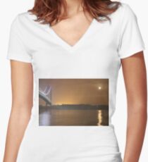   Self-Anchored Suspension Bridge, Early Morning, Nature, the natural world, Mother Nature, Mother Earth, the environment, wildlife, flora, kind Women's Fitted V-Neck T-Shirt