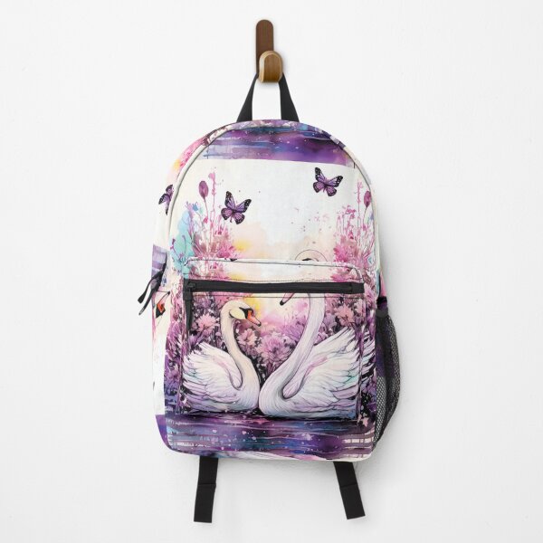 Item preview, Two White swans in pond, swans in lake, pink and purple, watercolor swans with florals, flowers and watercolour butterflies designed and sold by navitalidesign.