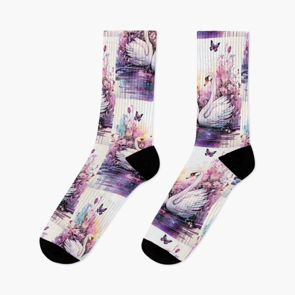 Item preview, Two White swans in pond, swans in lake, pink and purple, watercolor swans with florals, flowers and watercolour butterflies designed and sold by navitalidesign.