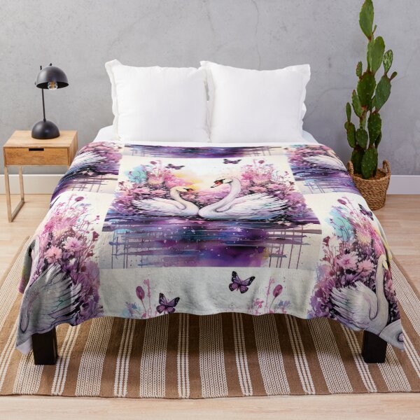Item preview, Two White swans in pond, swans in lake, pink and purple, watercolor swans with florals, flowers and watercolour butterflies designed and sold by navitalidesign.