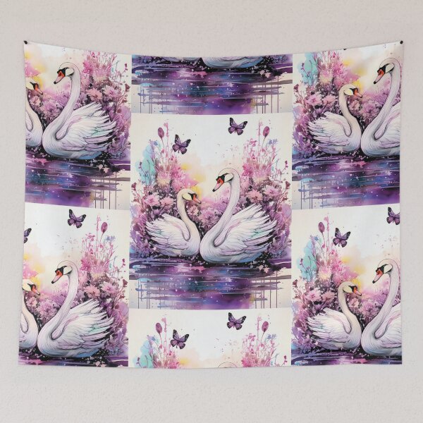 Item preview, Two White swans in pond, swans in lake, pink and purple, watercolor swans with florals, flowers and watercolour butterflies designed and sold by navitalidesign.