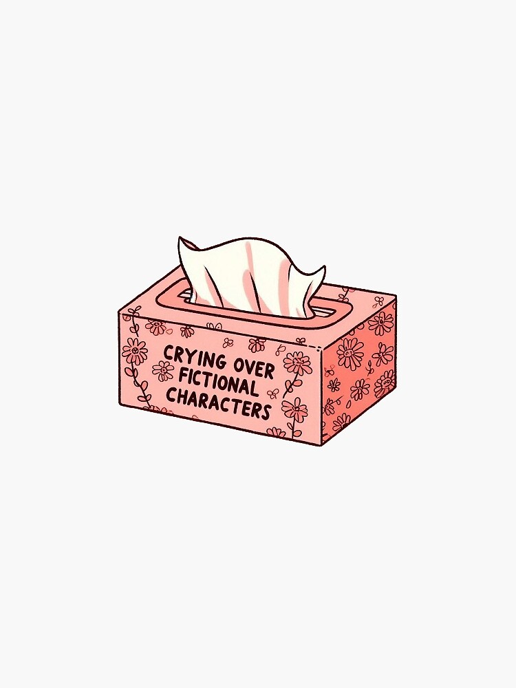 Thumbnail 3 von 3, Sticker, Lustige Taschentuchbox mit Blumenmotiv und der Aufschrift „Crying Over Fictional Characters“ designt und verkauft von needfulthingsco.