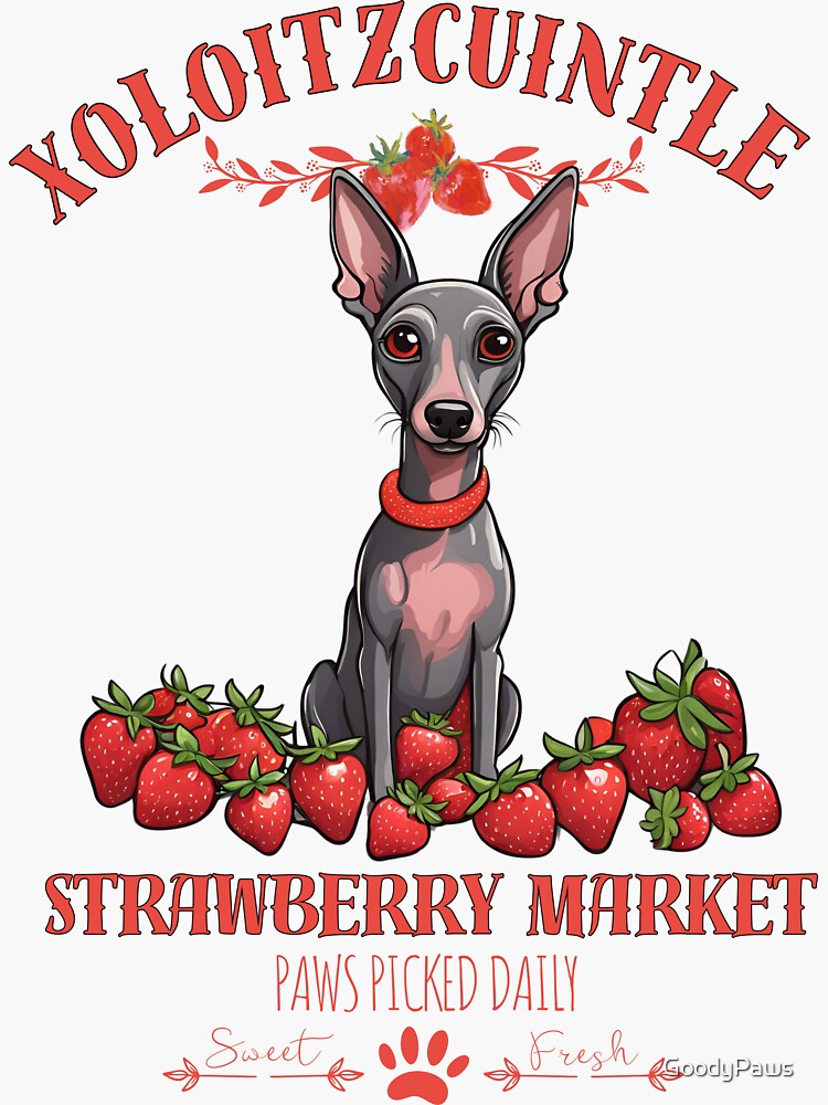 Imagen 3 de 3, Pegatina con la obra Coqueta Perro Estético Mercado de fresas patas recogidas diariamente frutas dulces y libres xoloitzcuintle , diseñada y vendida por GoodyPaws.