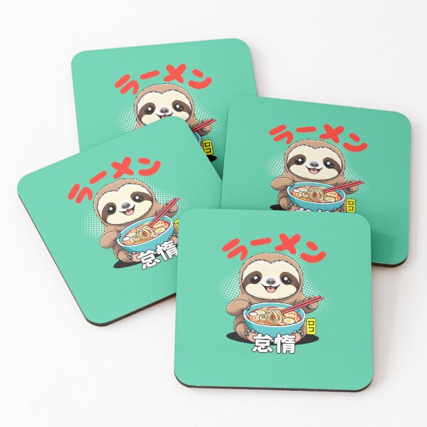 Aperçu de l'œuvre Paresseux appréciant Ramen - Design japonais Kawaii créée et vendue par Rokoyo Prints.