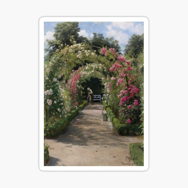 Item preview, In the Garden, trellis with pink roses, floral landscape garden oil painting by Peder Mork Monsted designed and sold by Jéanpaul  Ferro.