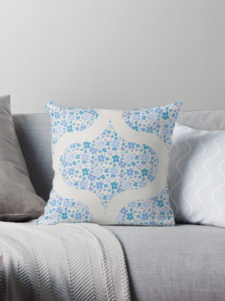 Pillow, Retro Florals Berry Blues Mid Mod Ogee designed and sold by Triplicate Limited
