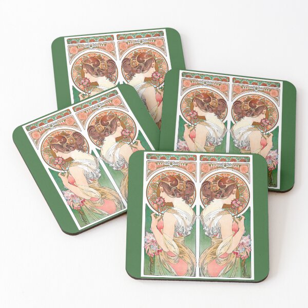 Item preview, Primrose Woman and Flower La Primevère Green Pink 1899 Alphonse Mucha designed and sold by RocketshipRetro.