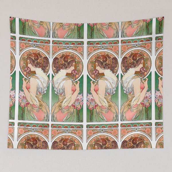 Item preview, Primrose Woman and Flower La Primevère Green Pink 1899 Alphonse Mucha designed and sold by RocketshipRetro.