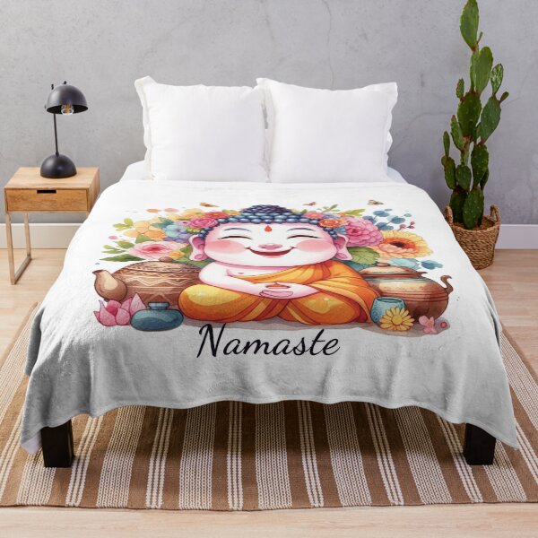 Item preview, Happy Cute Buddha Yoga Namaste with Tea & Flowers designed and sold by heartsake.