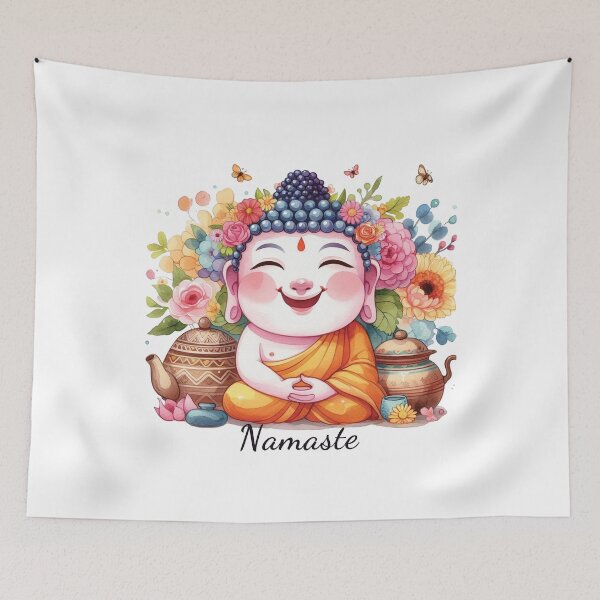 Item preview, Happy Cute Buddha Yoga Namaste with Tea & Flowers designed and sold by heartsake.