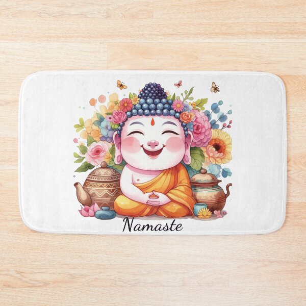 Item preview, Happy Cute Buddha Yoga Namaste with Tea & Flowers designed and sold by heartsake.