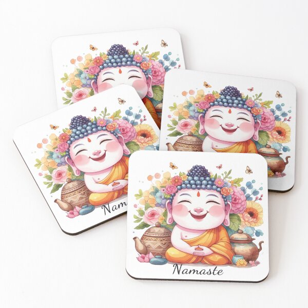 Item preview, Happy Cute Buddha Yoga Namaste with Tea & Flowers designed and sold by heartsake.