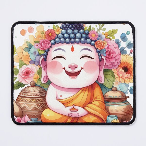 Item preview, Happy Cute Buddha Yoga Namaste with Tea & Flowers designed and sold by heartsake.