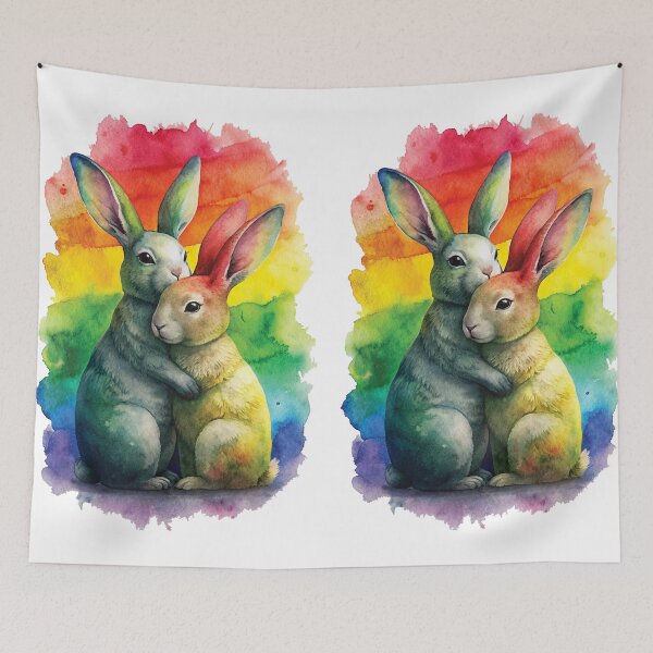 Item preview, Lindos conejitos abrazándose con diseño de acuarela de fondo Rainbow Pride designed and sold by PrideFlagMerch.