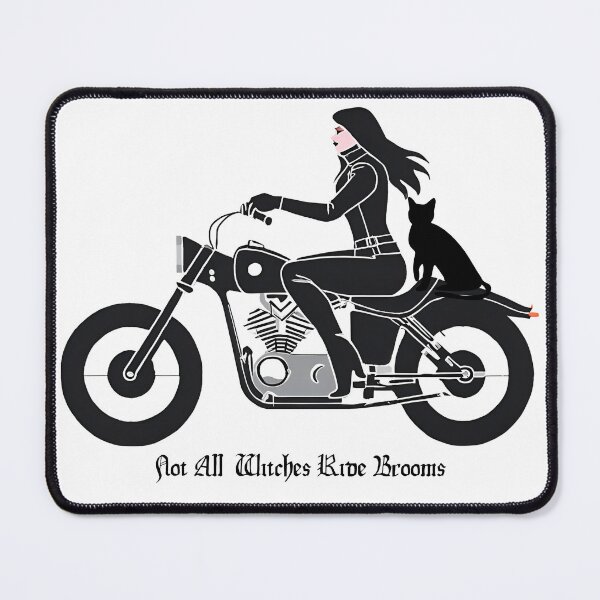 Item preview, Motorcycle Witches in black with her familiar, AI Prints and stuff designed and sold by Smallfish1274.