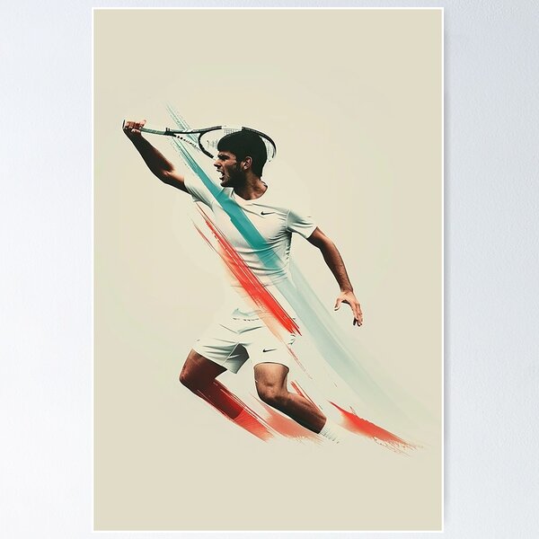 Aperçu de l'œuvre Art minimaliste intense d’action de tennis d’Alcaraz créée et vendue par Retro Travel Design.