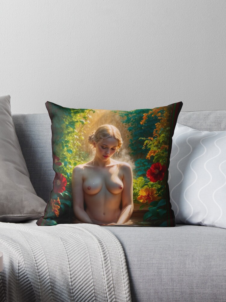 The Chaste Susanna Bathing In A Secluded Garden AI Concept Art by Xzendor7 - A Captivating Tranquil Scene 4 The Chaste Susanna Bathing In A Secluded Garden Captivating AI Concept Art by Xzendor7 Decorative Art Print Throw Pillow