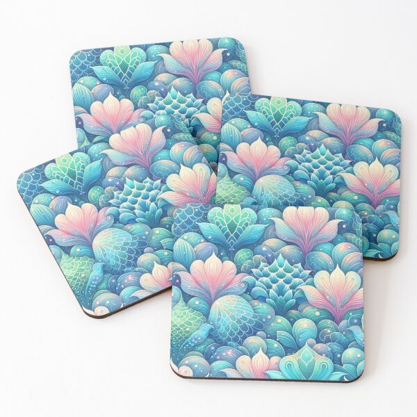 Item preview, Pink And Blue Floral Mermaid Scales Print designed and sold by SeaStarMermaids.