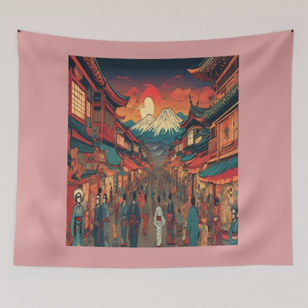 Item preview, Vibrant Traditional Japanese Street Scene with Mount Fuji Backdrop designed and sold by merve02shop.