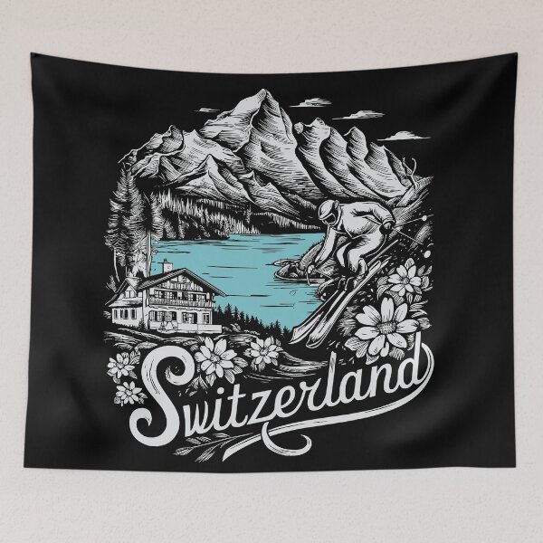 Item preview, Switzerland Mountain Skiing Scene with Chalet designed and sold by markymaarty.